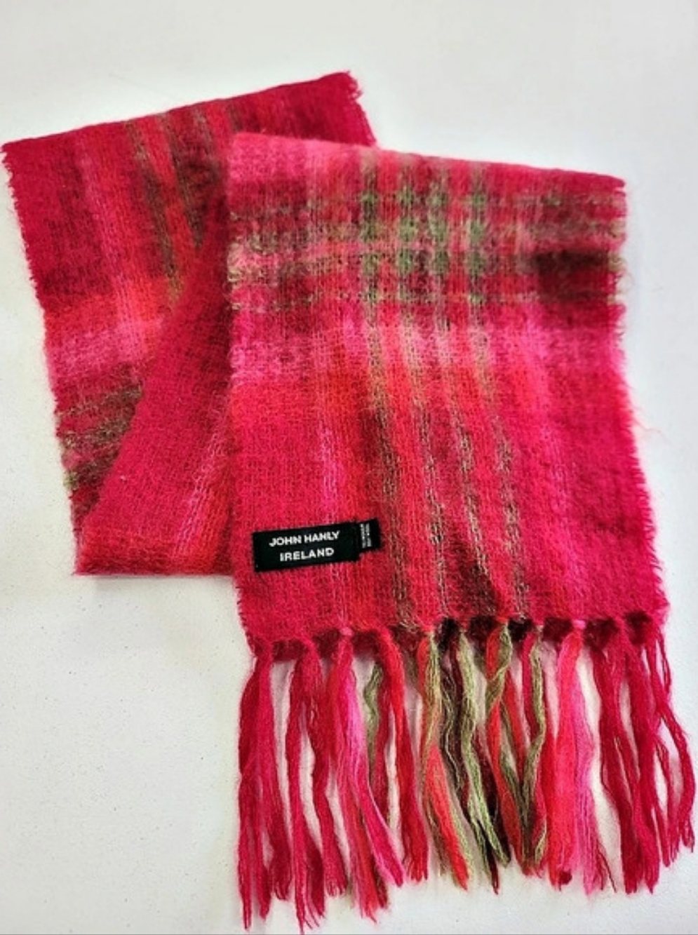 John Hanly Plaid Fringed Mohair Wool Scarf in Pink & Red